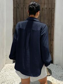Dazy Plus Plus Floral Embroidery Button Front Shirt Vacation - Navy Blue - View 6
