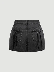 SHEIN MOD Leopard Print Rhinestone Detail Denim Skirt - Black - View 2
