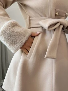 Elenzga Patchwork Faux‑Fur With Side Pockets  Belted Overcoat Office Beige Autumn Elegantrueu - Khaki - View 6