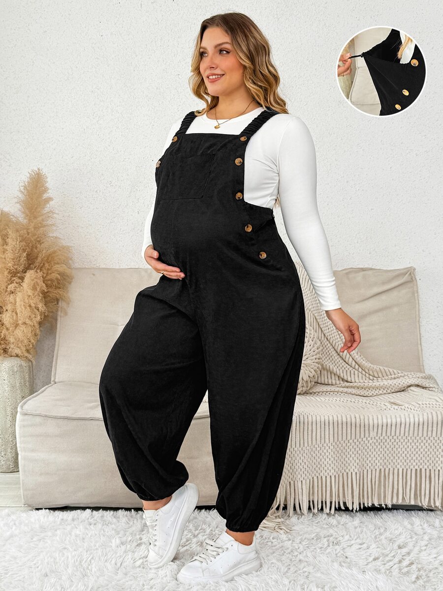 Plussiva Plus Maternity Solid Button Detail Overall Without Tee - Black - View 1
