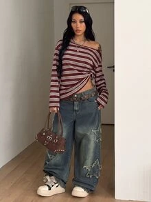 Coolane Contrast Striped Print Asymmetrical Neck Tee - Burgundy - View 4
