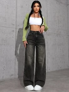 SHEIN ICON 1pc High Waist Washed Wide Leg Jeans - Black - View 4
