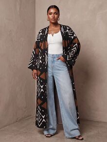 Veslaya Plus Geo Pattern Open Front Cardigan Winter - Multicolor - View 3