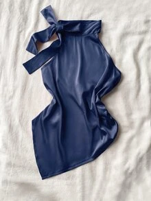 Attitoon Solid Knot Side Ruched Asymmetrical Hem Halter Top - Navy Blue - View 6
