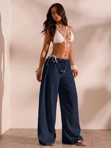 Opulessa Drawstring Waist Cover Up Pants - Navy Blue - View 4