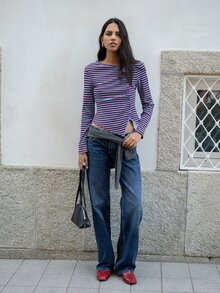 Nöista Atasan Rajut Slim Fit Bergaris dengan Hem Asimetris. Gaya Y2K, Musim Gugur/Musim Dingin, Kasual, Kencan, Jalan-jalan. - Biru - View 6