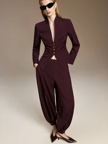Ontre Solid Button Front Ruched Waist Blazer Tapered Pants Suit Set Office Dinner Corporate Burgundy Fall Elegant - Purple - View 2