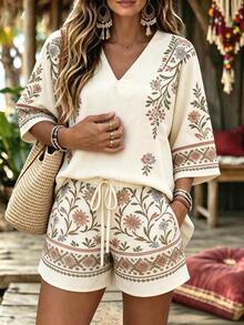 SHEIN Holidaya Women Two-Piece Outfits Vacation Beige Autumn Tropical Sexy - Multicolor - View 1