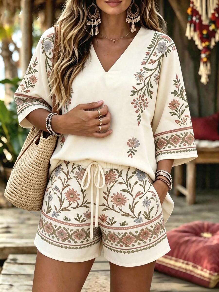 SHEIN Holidaya Women Two-Piece Outfits Vacation Beige Autumn Tropical Sexy - Multicolor - View 1