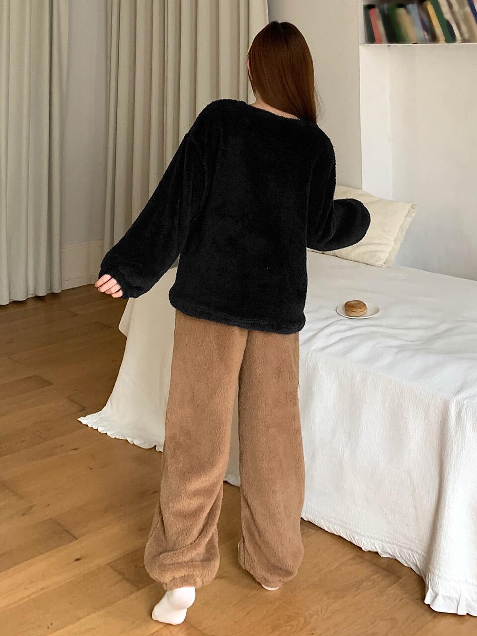 Rabbit & Letter Embroidery Drop Shoulder Flannel PJ Set