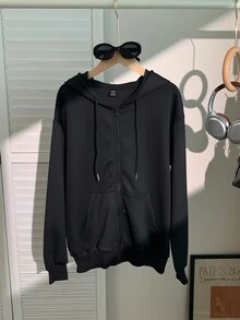 SHEIN EZwear 蜘蛛字母圖案落肩寬鬆拉鍊抽繩連帽衛衣，萬聖節穿搭百搭女裝 - 黑色 - 查看 5