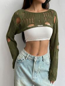 Flirla 1pc Open Knit Crop Sweater - Green - View 5