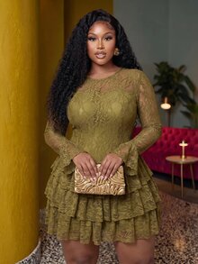 Veslaya Plus Ruffle Hem Lace Dress Fall - Army Green - View 2
