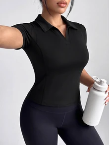 SHEIN Velisys 大尺碼純色V領短袖修身運動牛仔女孩T恤健身黑色夏季 - 黑色 - 查看 3