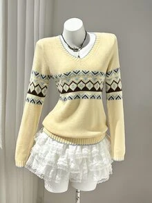 Elamini Geo Pattern Contrast Trim Sweater Everyday School Yellow Autumn Preppy Vintage - Light Yellow - View 1