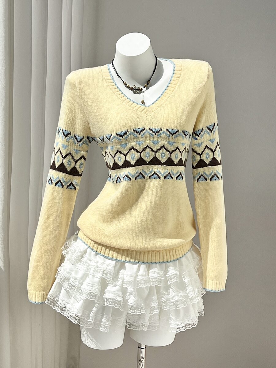 Elamini Geo Pattern Contrast Trim Sweater Everyday School Yellow Autumn Preppy Vintage - Light Yellow - View 1