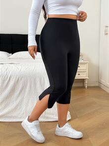 SHEIN EZwear 大尺碼純色開衩褲腳緊身褲 - 黑色 - 查看 6
