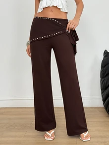 SHEIN Pearls Beaded Detail Wide Leg Pants - Brown - View 1