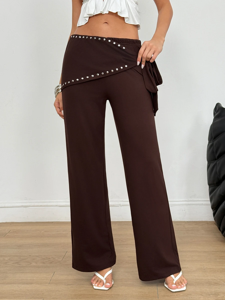 SHEIN Pearls Beaded Detail Wide Leg Pants - Brown - View 1
