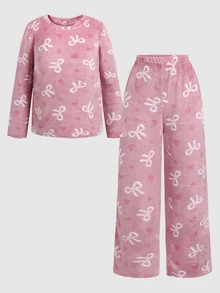 SHEIN Teen Girl Fall Winter Bow Heart Pattern Flannel Pajamas Set - Dusty Pink - View 7