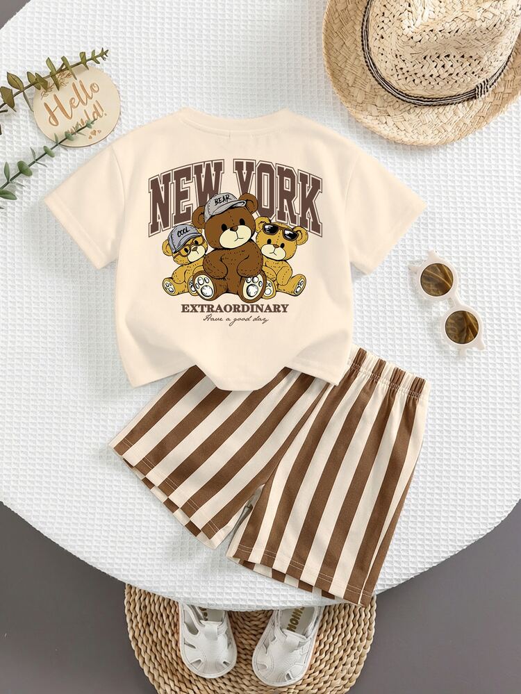Baby Boy Letter & Cartoon Teddy Bear Print Drop Shoulder Tee & Striped Print Shorts Set - Multicolor - View 2