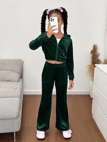 SHEIN 青少年女孩連帽衫與運動衫套裝 - 綠色 - 查看 5