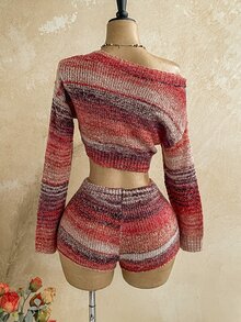 Soleia Space Dye Drop Shoulder Asymmetrical Shoulder Crop Sweater & Knit Shorts Set Without Chain Belt - Multicolor - View 2