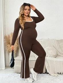 Plussiva 大尺碼孕婦對比包邊喇叭褲腳連身褲 - 棕色 - 查看 4