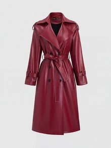 Sweetra Double Breasted Belted PU Leather Trench Coat - Red - View 1