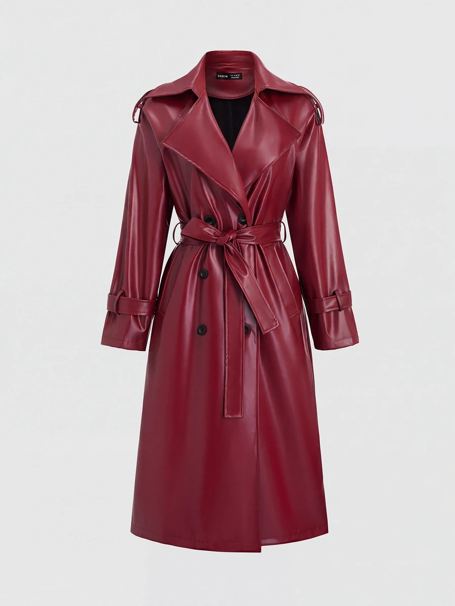 Sweetra Double Breasted Belted PU Leather Trench Coat - Red - View 1
