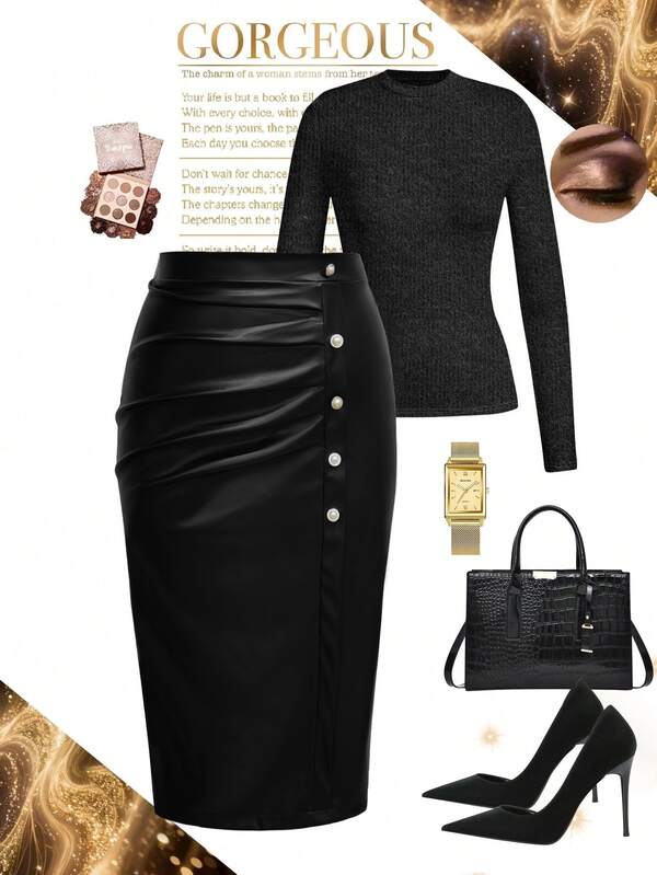 Elenzga Plus Ruched Button Front PU Leather Skirt