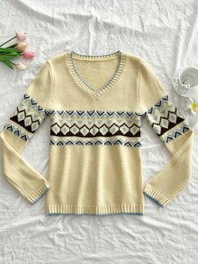 Elamini Geo Pattern Contrast Trim Sweater Everyday School Yellow Autumn Preppy Vintage - Light Yellow - View 6