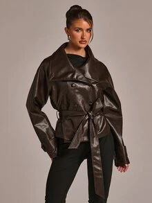 SHEIN BAE Collared Belted PU Leather Trench Coat - Chocolate Brown - View 3