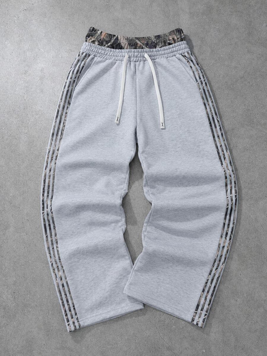PAVTROS Pantalones de chándal para hombre con cintura con cordón y cinta de contraste - Gris - Ver 1
