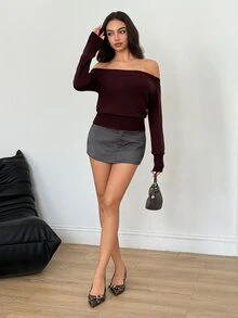 SHEIN Off Shoulder Ribbed Knit Sweater Going Out Burgundy Autumn Elegant - Purple - View 5