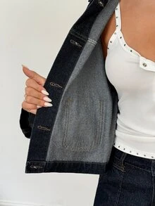 SHEIN Dual Pocket Drop Shoulder Denim Jacket - Navy Blue - View 8