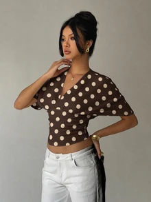 Aloruh Polka Dot Print Batwing Sleeve Tee - Brown - View 6