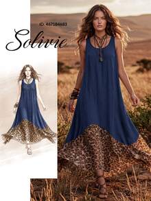 Solivie Contrast Leopard Print Ruffle Hem Tank Dress - Navy Blue - View 7