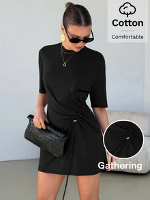Lavishia Solid Drawstring Front Tee Dress - Black - View 1