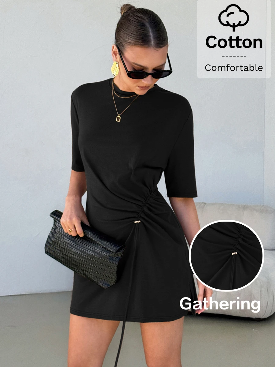 Lavishia Solid Drawstring Front Tee Dress - Black - View 1