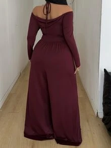 POPSWAY Plus Solid Halter Neck Wide Leg Jumpsuit Fall - Burgundy - View 2