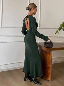 DAZY Tie Backless Ruffle Mermaid Hem Sweater Dress Fall - Green - View 3