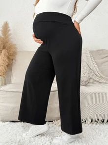 Plussiva Plus Solid Adjustable Waist Wide Leg Pants  Fall/Winter Casual Everyday - Black - View 5