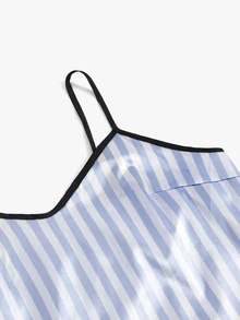 SHEIN Striped Print Contrast Binding Satin Cami Top & Shorts PJ Set - Blue and White - View 4