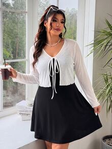 Solflare Plus Solid Cami Dress Tie Front Mesh Top Brunch Baggy Smart Birthday Date Night Office Formal Casual Soft Form Modest Vacation White Black Autumn - Black and White - View 4