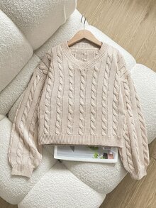 SHEIN Sweater Rajut Kabel Leher V Polos Bahu Jatuh untuk Anak Perempuan Remaja Musim Gugur - Aprikot - View 8