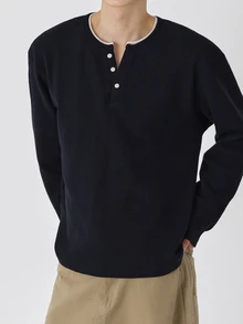 DAZY Men Contrast Trim Half Button Tee Fall - Navy Blue - View 7