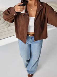 Solflare Chaqueta de talla grande con hombros caídos y botones delanteros - Marrón - Ver 8