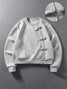 ROMWE MEN Sweatshirt Pria dengan Kancing Katak dan Lapisan Termal - Grey - View 1