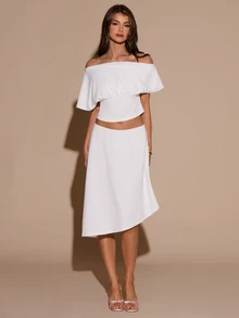 SHEIN BAE Atasan Crop Tanpa Bahu & Rok dengan Hem Asimetris - Putih - View 5